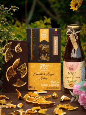 Tableta de chocolate 75% con miel de abejas y naranja