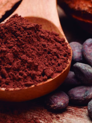 Cuchara de madera con cacao en polvo puro rodeada de granos de cacao natural y frutos de cacao maduros, representando el Chocolate de Taza en Polvo Cero Azúcar de Árbol de Cacao.